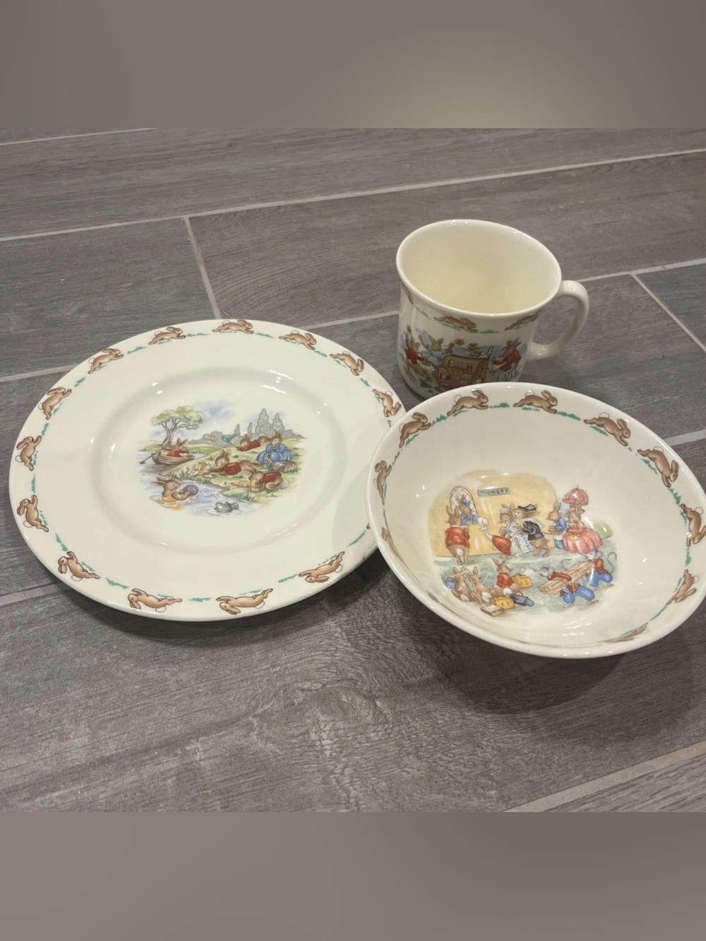 Vintage Royal Doulton China Bunnykin set plate bowl mug Bunnykins child’s
